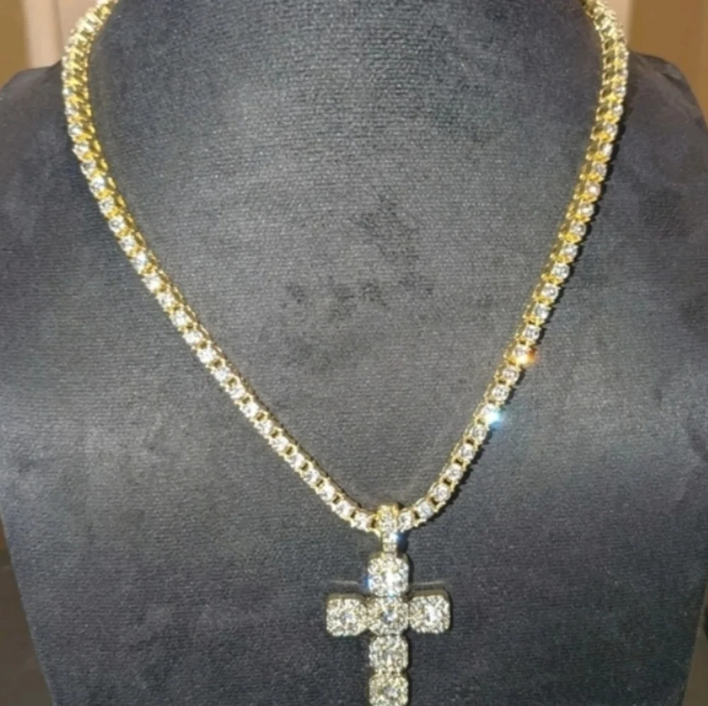 14k Yellow Gold Plated Lab Created Diamond Cross Pendant Tennis Necklace